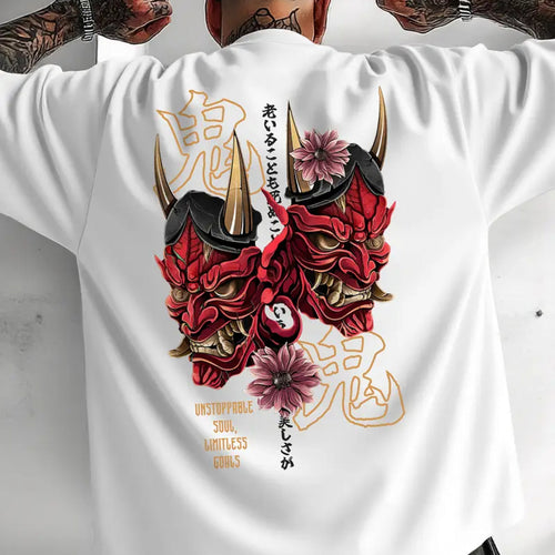 Oversized Oni Mask Graphic Tee, Japanese Demon Print Streetwear