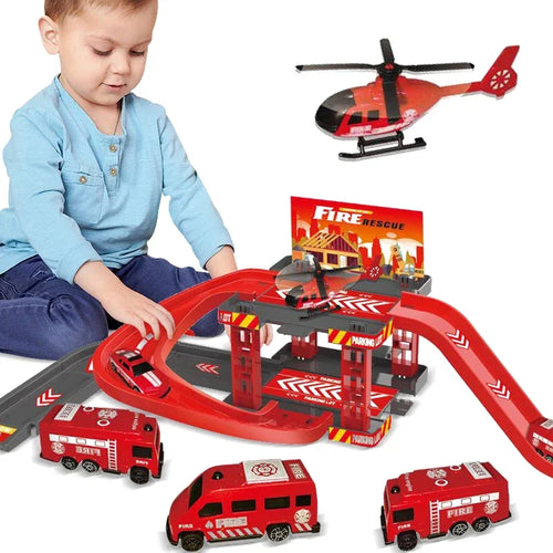 Kids Fire Rescue Parking Playset – Rail Track, Cars, Helicopter & Emergency Vehicles