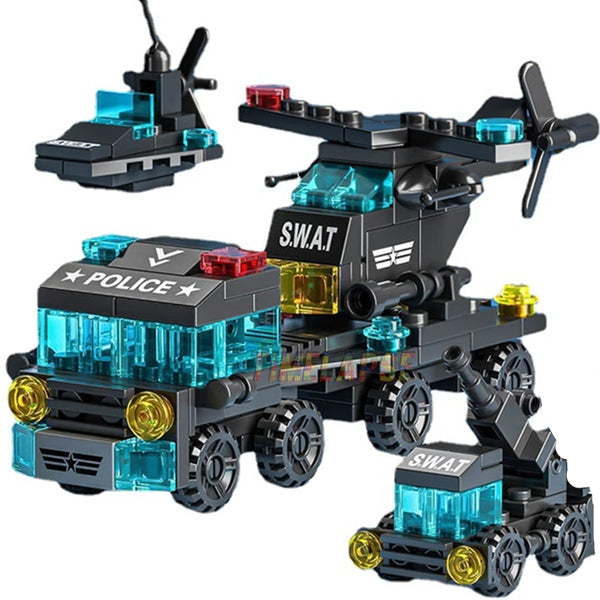 6-in-1 Police City Building Blocks Set | Tow Truck, Airplane, Cars & Mini Loader | Compatible Brick Toys